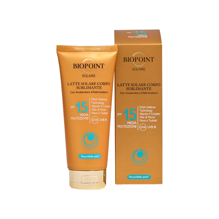 Biopoint - Solaire - Latte Solare Corpo Sublimante - Con Acceleratore D'Abbronzatura - DNA Defence Technology Vitamin-4 Complex Olio Di Moi Noce & Tsubaki
