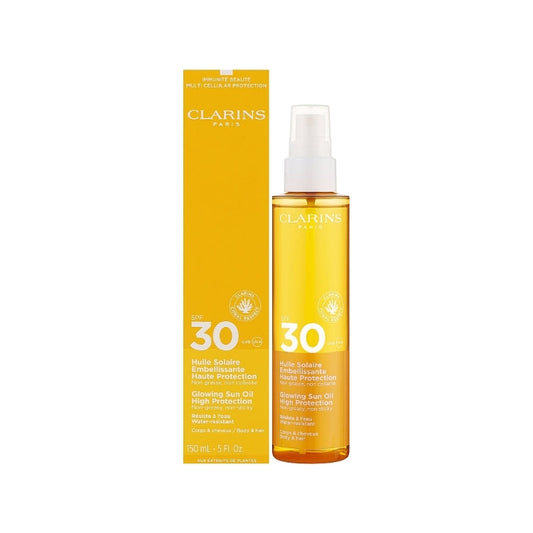 Clarins - Huile Solaire Embellissante Haute Protection - Non Grasse, Non Collante - Glowing Sun Oil High Protection - Non-Greasy, Non-Sticky - Résiste À L'Eau - Water-Resistant - Corps & Cheveux / Body & Hair - SPF 30