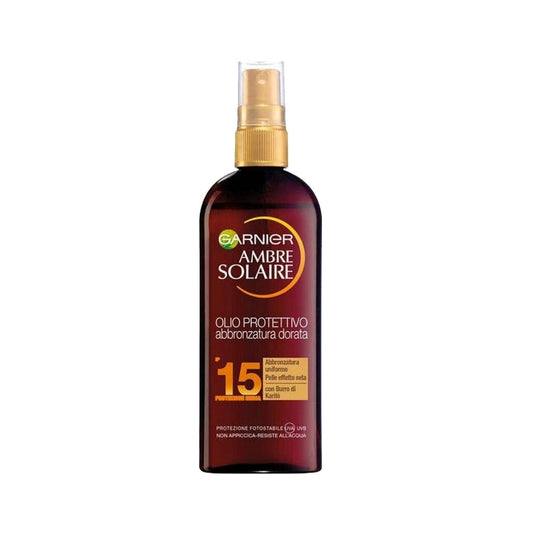 Garnier - Ambre Solaire - Olio Protettivo Abbronzatura Dorata - Abbronzatura Uniforme Pelle Effetto Seta - Con Burro Di Karitè - Protezione Fotostabille UVA/UVB - Non Appiccica-Resiste All'Acqua - SPF 15